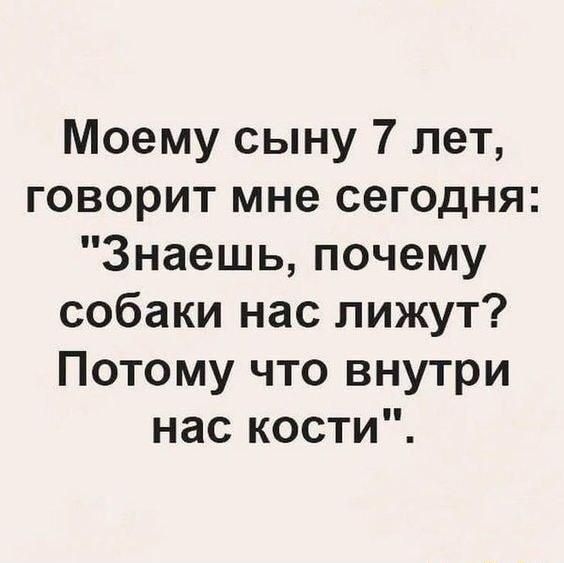 Моему сыну 7 лет говорит мне сегодня Знаешь почему собаки нас лижут Потому что внутри нас кости