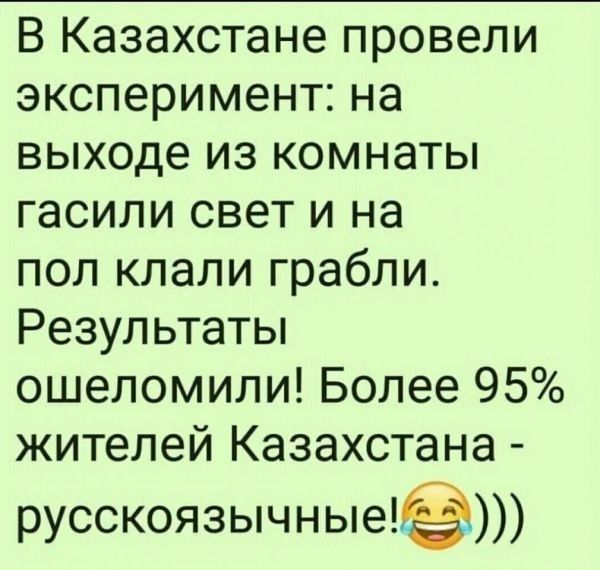 В Казахстане провели эксперимент на выходе из комнаты гасили свет и на пол клали грабли Результаты ошеломили Более 95 жителей Казахстана русскоязычные