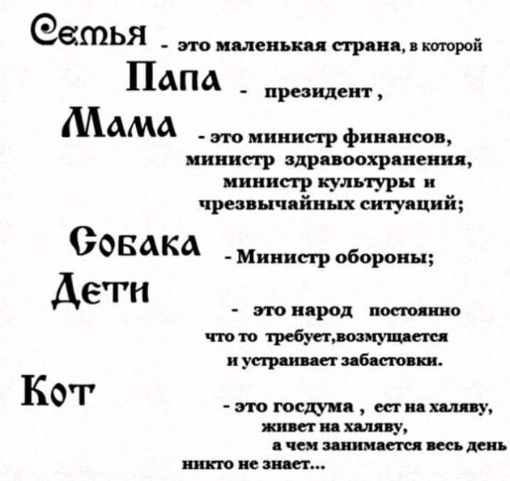 Семья - это маленькая страна, в которой 
Папа - президент, 
Мама - это министр финансов, министр здравоохранения, министр культуры и чрезвычайных ситуаций; 
Собака - Министр обороны; 
Дети - это народ, постоянно что-то требует, возмущается и устраивает забастовки. 
Кот - это госдума, живет на халяву, а чем занимается весь день никто не знает...