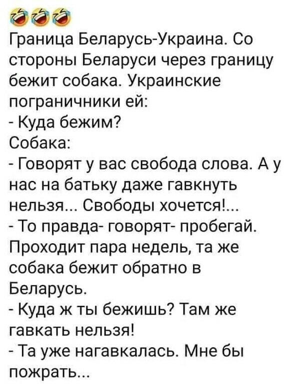 Граница Беларусь Украина Со стороны Беларуси через границу бежит собака Украинские пограничники ей Куда бежим Собака Говорят у вас свобода слова А у нас на батьку даже гавкнуть нельзя Свободы хочется То правда говорят пробегай Проходит пара недель та же собака бежит обратно в Беларусь Куда ж ты бежишь Там же гавкать нельзя Та уже нагавкалась Мне бы пожрать