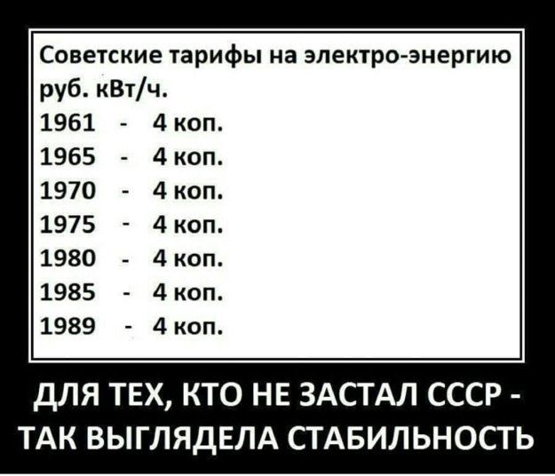 Советские тарифы на электро энергию руб кВтч 1961 4 коп 1965 4 коп 1970 4 коп 1975 4 коп 1980 4 коп 1985 4 коп 1989 4 коп ДЛЯ ТЕХ КТО НЕ ЗАСТАЛ СССР ТАК ВЫГЛЯДЕЛА СТАБИЛЬНОСТЬ