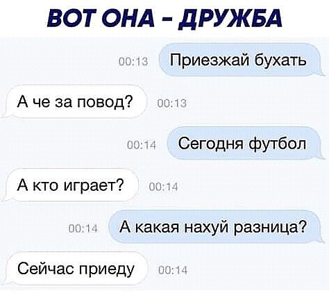 ВОТ ОНА дРУЖБА Приезжай бухать А че за повод ь Сегодня футбол А кто играет 1 А какая нахуй разница Сейчас приеду