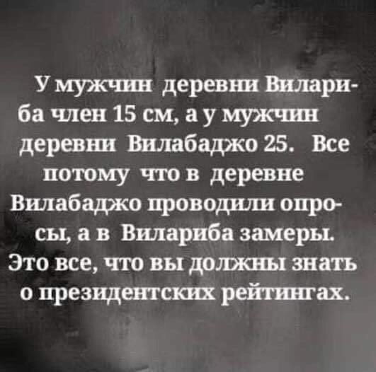 У мужчин деревни Вшшри бачленіБ смпумужчин деревни Вплабаюко 25 Все потому что в деревне Вилабаджо проводили опро сы в Вилариба замеры Это все что вы должны знать о президентских рейтшах