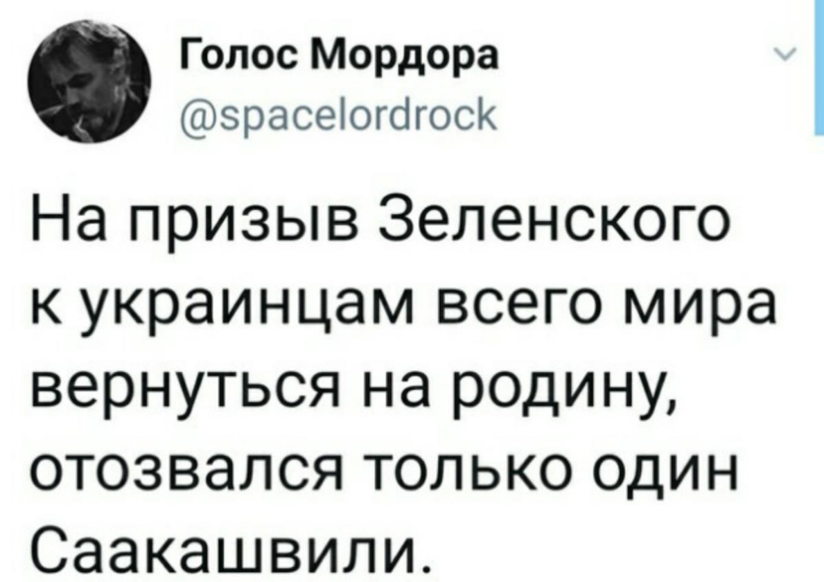 Голос Мордора зрасеіогбгоск На призыв Зеленского к украинцам всего мира вернуться на родину отозвался только один Саакашвили