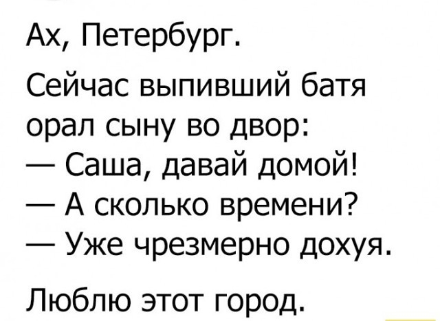 Ах Петербург Сейчас выпивший батя орал сыну во двор Саша давай домой А сколько времени Уже чрезмерно дохуя Люблю этот город