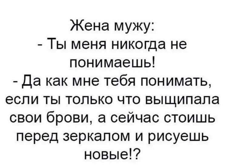 Жена мужу Ты меня никогда не понимаешь да как мне тебя понимать если ты только что выщипала свои брови а сейчас стоишь перед зеркалом и рисуешь новые