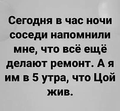 Сегодня в час ночи соседи напомнили мне что всё ещё делают ремонт А я им в 5 утра что Цой жив