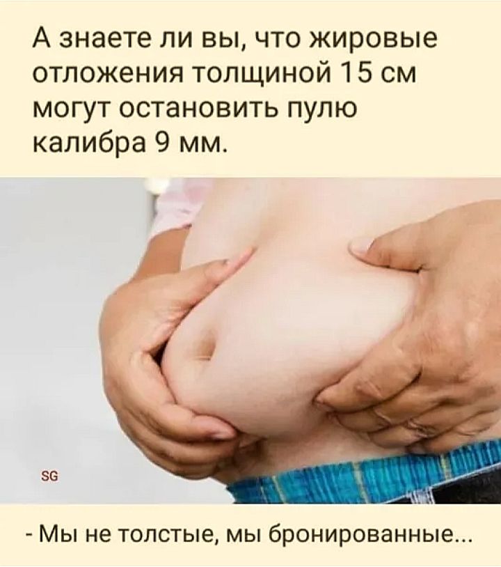 А знаете ли вы что жировые отложения толщиной 15 см могут остановить пулю калибра 9 мм 86 МЫ не толстые МЫ бронированные
