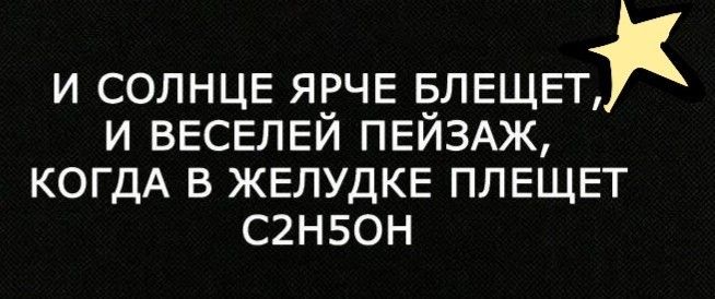 И СОЛНЦЕ ЯЕЧЕ ёЛЕЩЕТ И ВЕСЕЛЕИ ПЕИЗАЖ КОГДА В ЖЕЛУДКЕ ПЛЕЩЕТ С2Н50Н