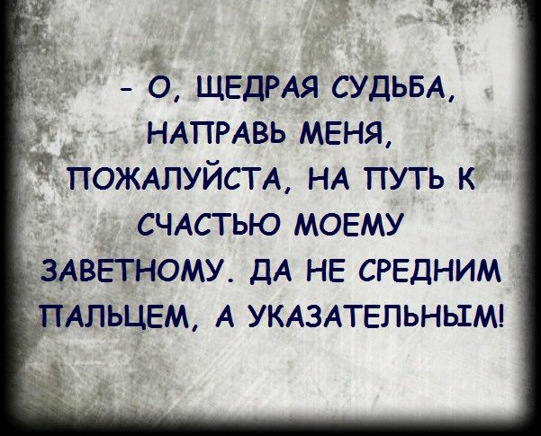 ЩЕДРАЯ СУДЬБА НАГЕРАВЬ МЕНЯ ПОЖАЛУИСТА НА ПУТЬ К _ СЧАСТЬЮ МОЕМУ ЗАВЁЕНОМУ ДА НЕ СРЕДНИМ АПЬЦЕМ А УКАЗАТЕЛЬНЫМ