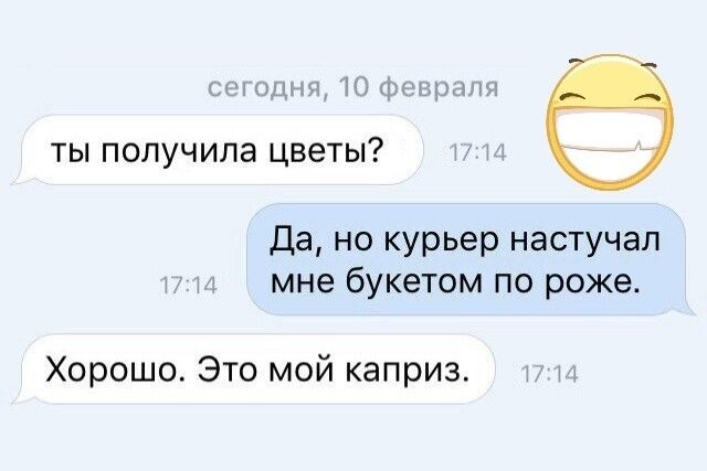 стиши И ты получила цветы а Да но курьер настучал и мне букетом по роже Хорошо Это мой каприз и