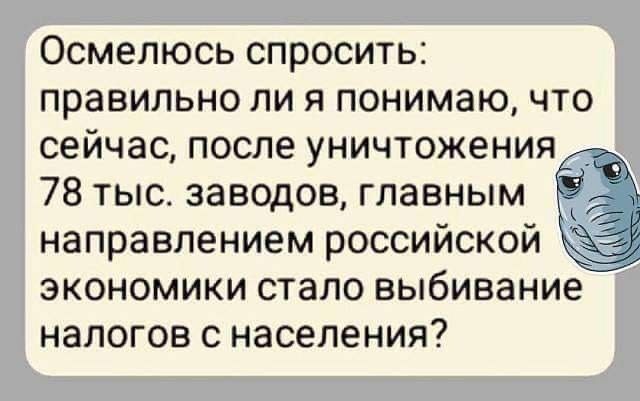 Осмелюсь спросить правильно ли я понимаю что сейчас после уничтожения 78 тыс заводов главным направлением российской экономики стало выбивание налогов с населения
