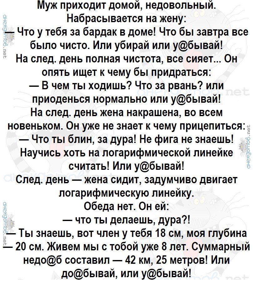 Муж приходит домой недовольный Набрасывается на жену Что у тебя за бардак в доме Что бы завтра все было чисто Ипи убирай или убывай На след день полная чистота все сияет Он опять ищет к чему бы придраться В чем ты ходишь Что за рвань ипи присденься нормально или убьвай На след день жена накрашена во всем новеньком Он уже не знает к чему прицелиться Что ты блин за дура Не фига не знаешь Научись хот