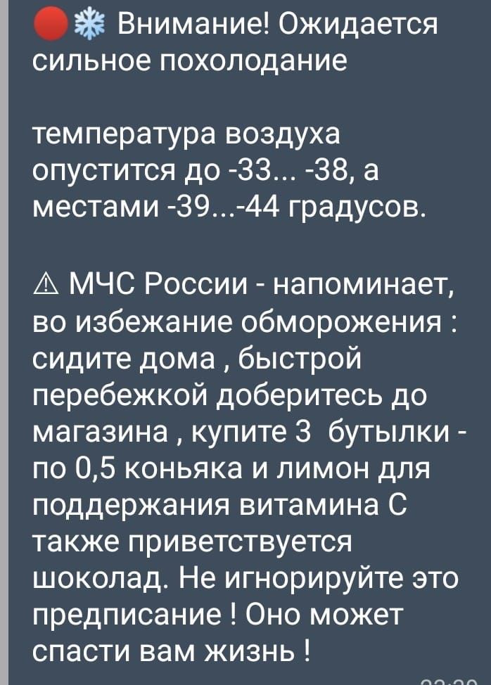 Внимание Ожидается сильное похолодание температура воздуха опустится до 33 38 а местами 3944 градусов А МЧС России напоминает во избежание обморожения сидите дома быстрой перебежкой доберитесь до магазина купите 3 бутылки по 05 коньяка и лимон для поддержания витамина С также приветствуется шоколад Не игнорируйте это предписание Оно может спасти вам жизнь