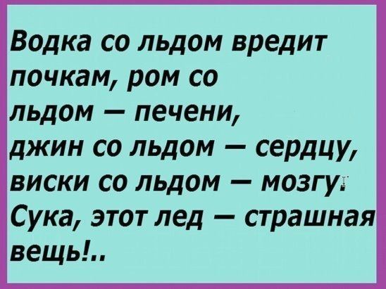 Водка со льдом вредит почкам ром со льдом печени джин со льдом сердцу виски со льдом мозгу Сука этот лед страшная вещь