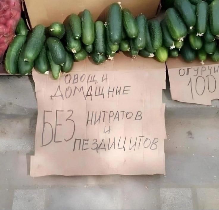 Овощи домашние
БЕЗ НИТРАТОВ и ПЕСТИЦИДОВ
Огурцы 100