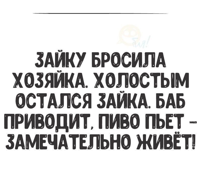 ЗАЙКУ БРОСИЛА ХОЗЯЙКА ХОЛОСТЫМ ОСТАЛСЯ ЗАИКА БАБ ПРИВОДИТ ПИВО ПЬЕТ ЗАМЕЧАТЕЛЬНО ЖИЁТШ