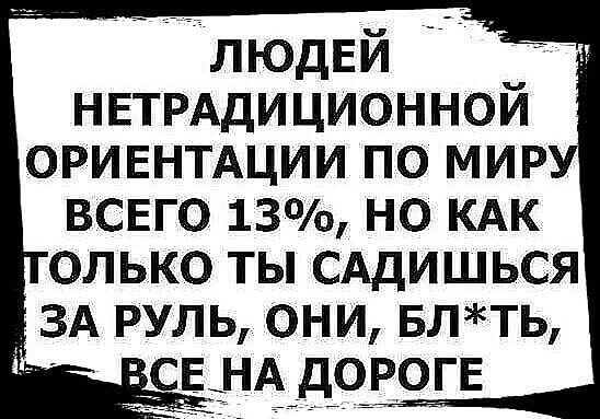 ЛЮДЕЙ НЕТРАдИЦИОННОЙ ОРИЕНТАЦИИ по мир всего 13 но КАК олько ты сддишься ЗА руль они влть СЕЁНА дорогв