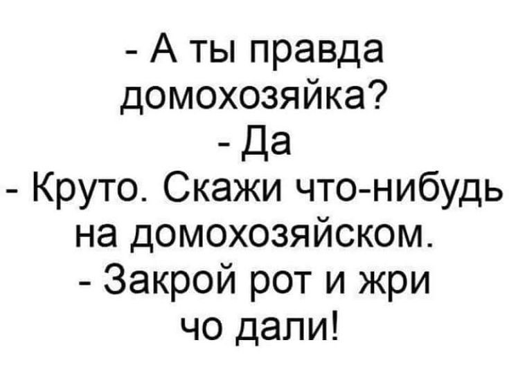 А ты правда домохозяйка Да Круто Скажи что нибудь на домохозяйском Закрой рот и жри чо дали