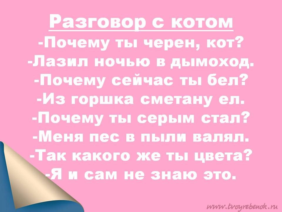 Разговор с котом Почему ты черви кот Пазпп ночью дымоход Почему сейчас ты бел Из горшка сметану ел Почему ты серым стал Меия пес пыли вапяп Так какого же ты цвета я и сам не энто это