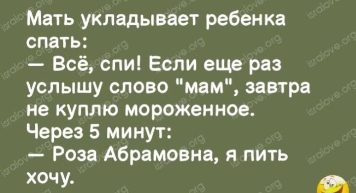 Мать укладывает ребенка спать Всё спи Если еще раз услышу слово мам завтра не куплю мороженное Через 5 минут Роза Абрамовна я пить хочу