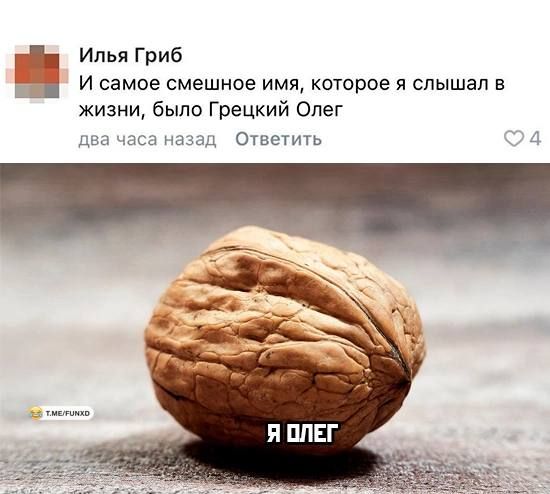 1 и Гриб З И самое смешное ИМЯ КОУОРОЕ П СЛЫШЭЛ В жизни были Грецкий Олег двп чесднпззд Ответить 7 д
