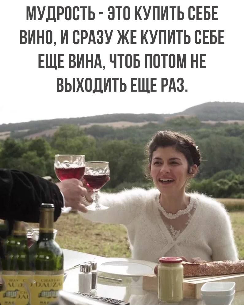 МУДРОСТЬ ЭТО КУПИТЬ СЕБЕ ВИНО И СРАЗУ ЖЕ КУПИТЬ СЕБЕ ЕЩЕ ВИНА ЧТОБ ППТПМ НЕ ВЫХПДИТЬ ЕЩЕ РАЗ