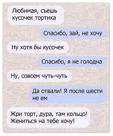 Любимая сьешь кусочек тортика Спасибо зай не хочу Ну хотя бы кусочек Спасибо я не гоподна Ну совсем чутьчуть Да отвапи Я после шести не ем ЖРИ ТОРТ дура там кольцо Жениться на тебе хочу
