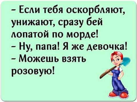 Если тебя оскорбдяют унижают сразу бей Аопатой по морде Ну папа Я же девочка Можешь взять 3 розовую