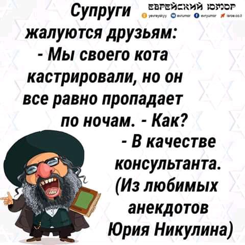 Супруги ЁРЁЁЁЗЁИЕЕЧЗД жалуются друзьям Мы своего кота кастрировали но он все равно пропадает по ночам Как В качестве консультанта Из любимых анекдотов Юрия Никулина