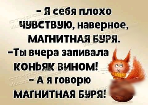 я себя плохо ШВСТВШО наверное МАГНИТНАЯ БНРЯ ТЬ вчера запивала КОНЬЯК ВИНОМ А я говорю МАГНИТНАЯ ББРЯ