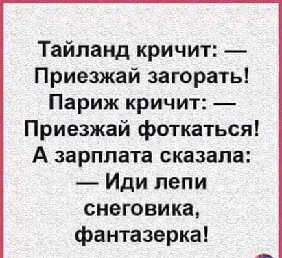 Тайланд кричит Приезжай загорать Париж кричит Приезжай фоткаться А зарплата сказала Иди пепи снеговика фантазерка