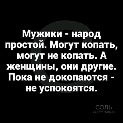 Мужики народ простой Могут копать могут не копать А женщины они другие Пока не докопаются не успокоятся