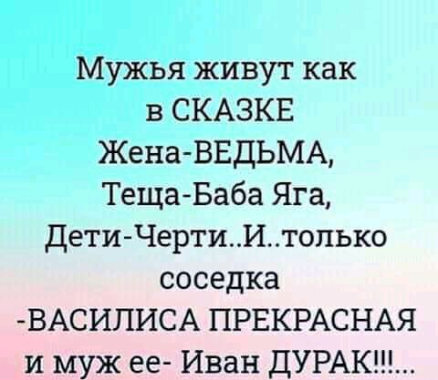 Мужья живут как в СКАЗКЕ Жена ВЕДЬМА ТещаБаба Яга Дети ЧертиИтопько соседка ВАСИЛИСА ПРЕКРАСНАЯ и муж ее Иван ДУРАК