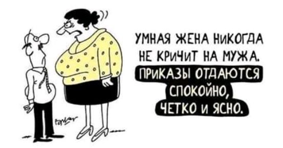 УМНАЯ ЖЕНА НИКОГДА НЕ КРИЧИТ НА МУЖА ПРИКАЗЫ ОТДАЮТСЯ СПОКОЙНО ЧЕТКО и ЯСНО
