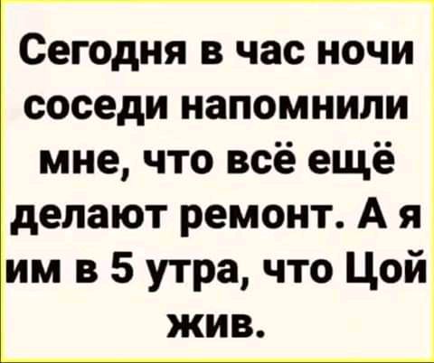 Сегодня в час ночи соседи напомнили мне что всё ещё делают ремонт А я им в 5 утра что Цой жив