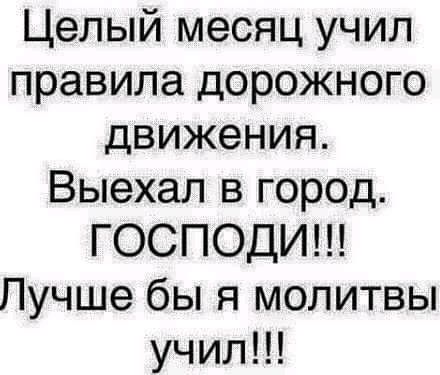 Целый месяц учил правила дорожного движения Выехал в город ГОСПОДИ Лучше бы я молитвы учил