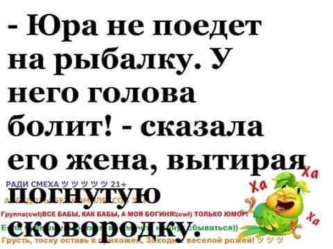 Юра не поедет на рыбалку У него голова болит сказала его жена вытирщ истинны ппц дцп іогииипвтшпь 4 Ч9Ё9ДЗЁЭЁ