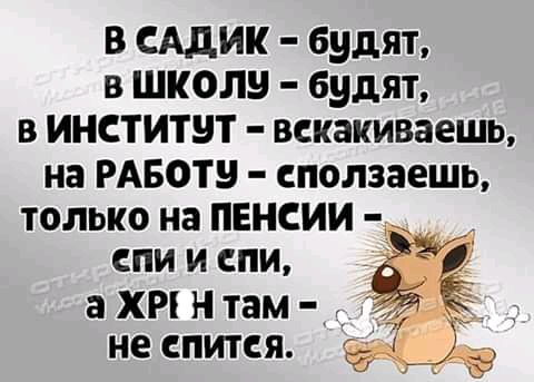 в САдИК будят в школу будят в институт вскакиваешь на РАБОТБ СПОЛЗЗЕШЬ ТОЛЬКО на ПЕНСИИ спи и спи д ахрнпам НЕ СПИТСЯ