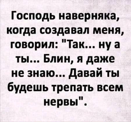 Господь наверняка когда создавал меня говорил Так ну а ты Блин я даже не знаю давай ты будешь трепать всем нервы