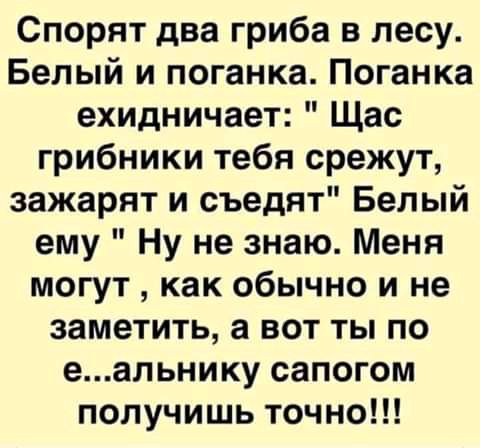 Спорят два гриба в лесу Белый и поганка Поганка ехидничает Щас грибники тебя срежут зажарят и съедят Белый ему Ну не знаю Меня могут как обычно и не заметить а вот ты по еал ьнику сапогом получишь точно