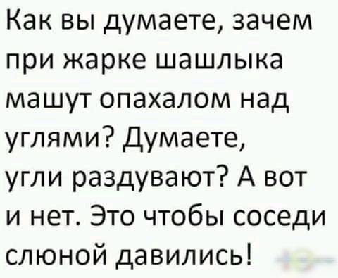 Как вы думаете зачем при жарке шашлыка машут опахалом над углями думаете угли раздувают А вот и нет Это чтобы соседи слюной давились