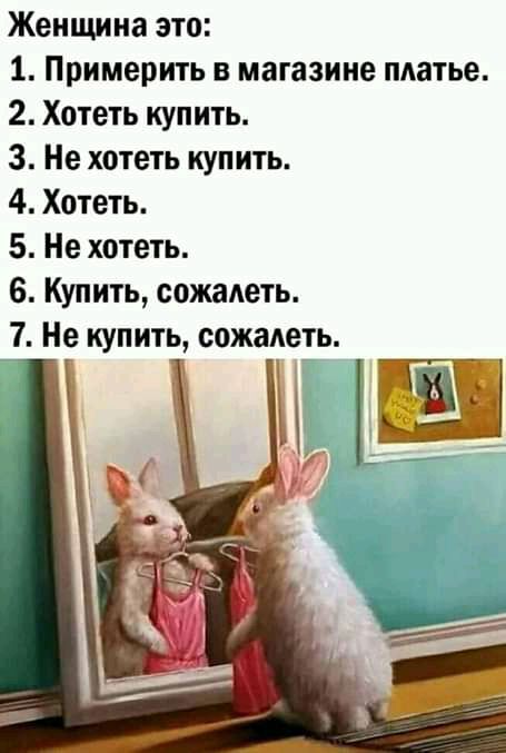 Женщина это 1 Примерить в магазине матье 2 Хотеть купить 3 Не хотеть купить 4 Хотеть 5 Не хотеть 6 Купить сожадеть 7 Не купить сожалеть