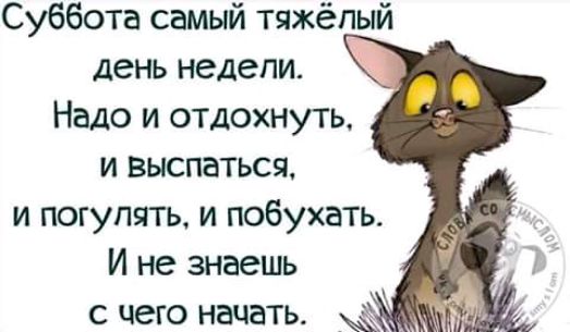 Суббота самый тяжёлый день недели Надо и отдохнуть и выспаться и погулять и побухать И не знаешь с чего начать