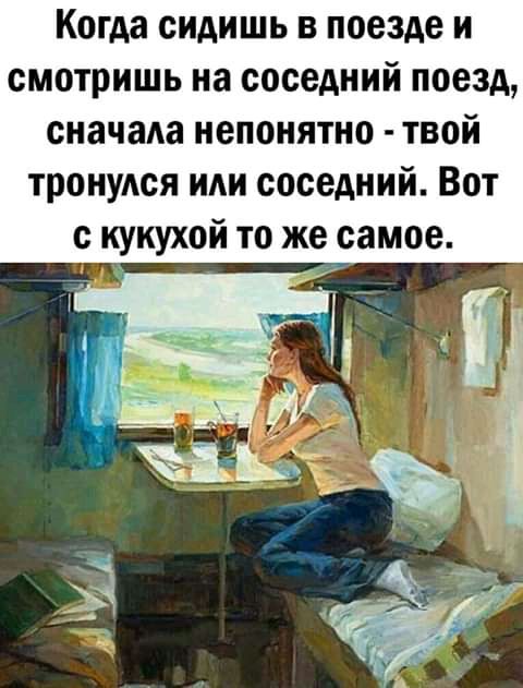 Когда сидишь в поезде и смотришь на соседний поезд сначала непонятно твой тронулся или соседний Вот с кукухой то же самое