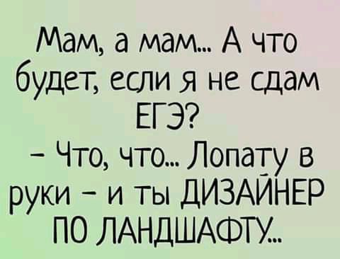 Мам а мам А что будет если я не сдам ЕГЭ Что что Лопату в руки и ты ДИЗАИНЕР ПО ЛАНДШАФТЖ