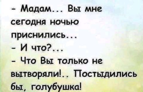 Мадам Вы мне сегодня ночью приснились И что Что Вы только не вытворяли Постыдились бы голубушка