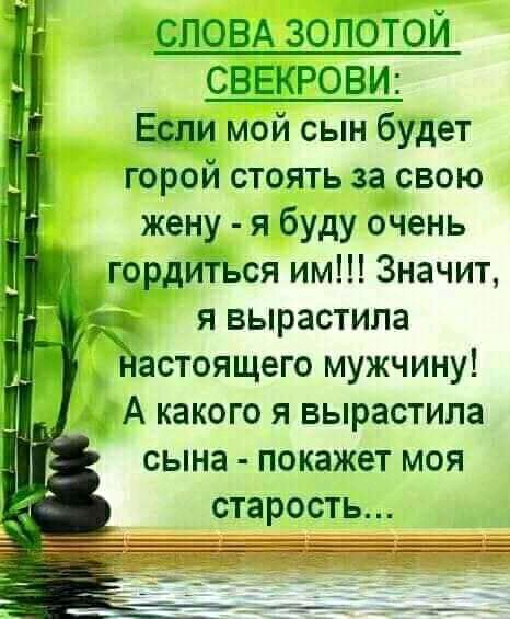 СЛОВА золотой СВЕКРОВИ Ети мой сын будет горой стоять за свою жену я буду очень _ годдйЪся им Значит я вырастила астоящего мужчину _ ьдА какого я вырастила сына покажет моя старость