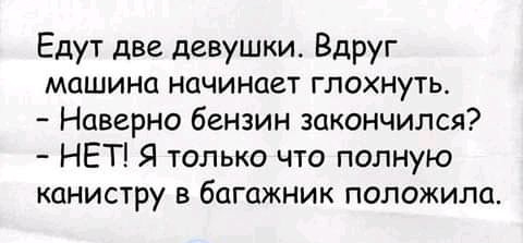 Едут две девушки Вдруг машина начиниет глохнуть Наверно бензин закончился НЕТ Я только что полную канистру в багажник положила