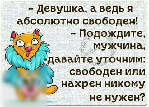 девушка а ведь я абсолютно свободен __ Подождите мужчина свободен или нахрен никому